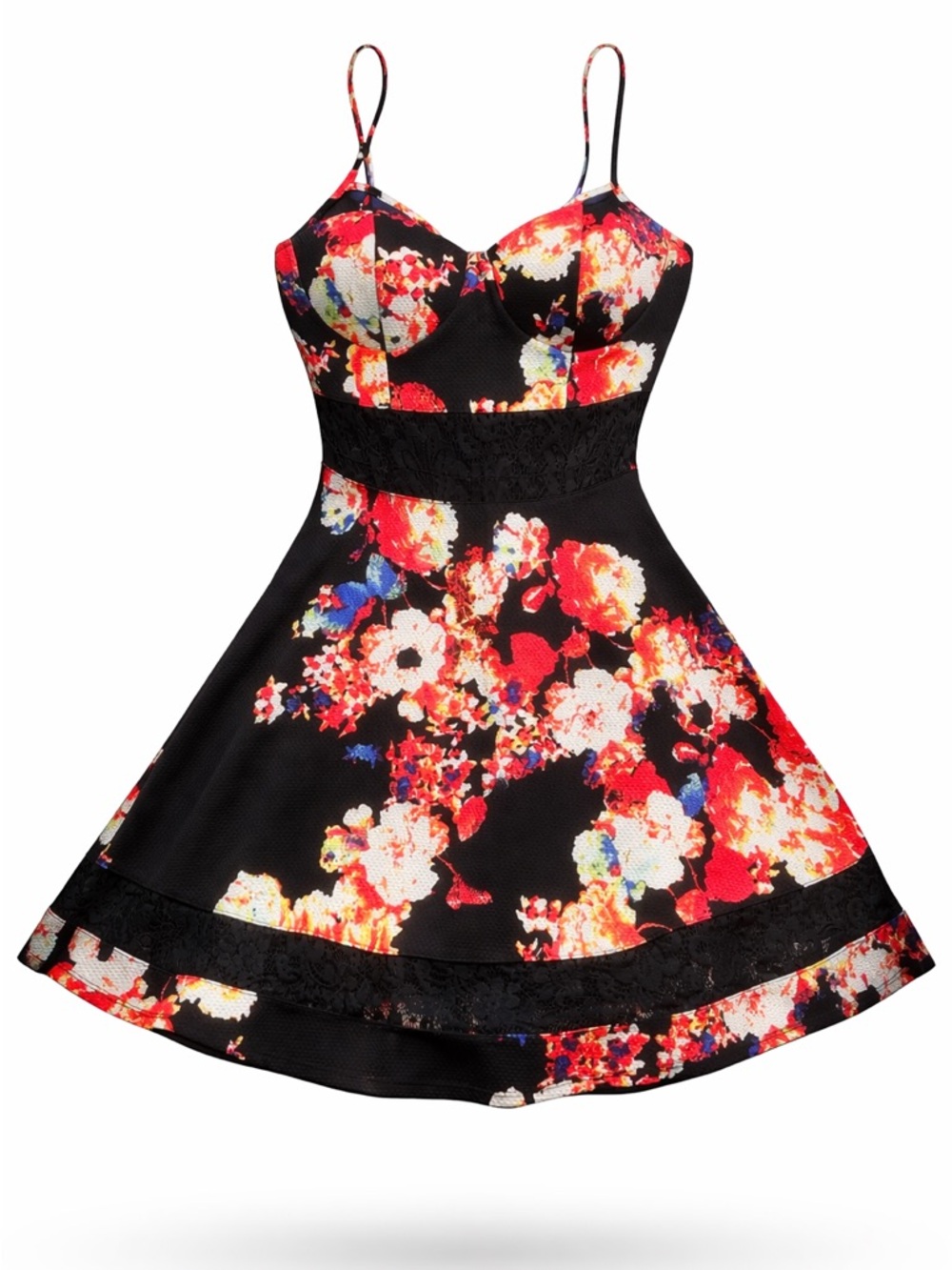 MATERIAL GIRL Black Floral Fit -and - Flare Dress / Spaghetti Strap Sweetheart